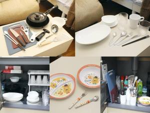Un collage de imágenes de una mesa con platos y utensilios. en コーポぱぱどれ103, en Tokio 18 fotos más