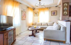 a living room with a couch and a tv at Estia sea view in Sami