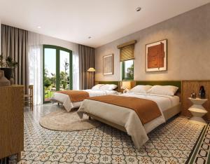 a hotel room with two beds in a room at Plum Village Moc Chau in Mộc Châu +85 photos