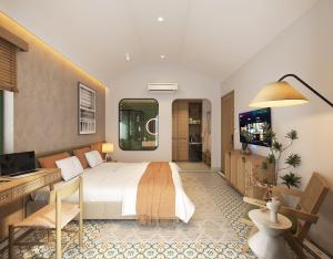 a hotel room with a bed and a television at Plum Village Moc Chau in Mộc Châu