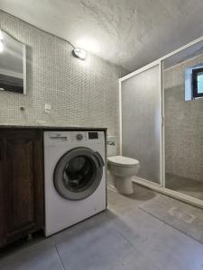 a washing machine in a bathroom with a toilet at Stone house in Faralya in Fethiye +27 photos