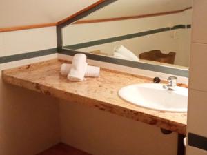 a bathroom counter with a sink and a mirror at Apartamentos Las Tuyas 3000 in Sierra Nevada +35 photos