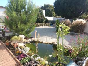 un giardino con laghetto e molte piante di Chambre avec terrasse a Pons
