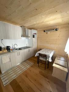 a kitchen with a table and a sink in a room at Nido Ampezzano in Borca di Cadore