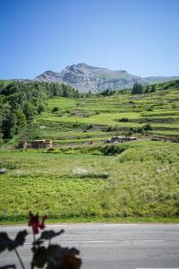 a field of green grass with mountains in the background at Hotel Le Faranchin in Villar-dʼArène