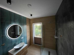 a bathroom with a sink and a mirror at Flauta Apartamenty in Augustów +58 photos