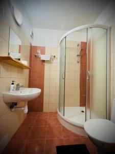 une salle de bain avec douche et lavabo dans l'établissement Bystrá 94 PROFIBIKERS, à Bystrá