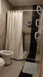 a bathroom with a shower curtain and a toilet at Suite 1 Las Macluras in Tandil +2 photos