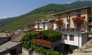 a group of buildings with flowers on the roofs at Altavilla Locanda E Tipica Trattoria in Bianzone
