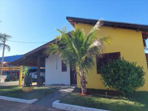 a yellow house with a palm tree in front of it at Temporada Belas Casas in São Pedro
