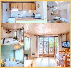 eine Collage aus drei Bildern eines Raumes in der Unterkunft La ferme I T2 I Les Gets in Les Gets