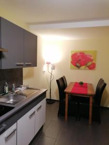 a kitchen with a sink and a table with a red towel at Ferienwohnung Annalena in Gößweinstein +45 photos