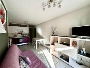 a living room with a couch and a tv at Résidence Royal Plaza Menton in Menton