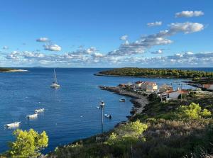 a small island with a sail boat in the water at Retro room-Otok Vis in Podstražje +13 photos