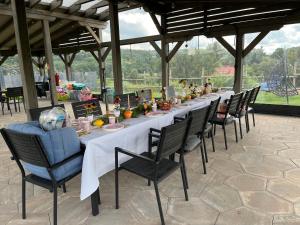 a long table with chairs and food on it at Tatra Glamp Okrzeszyn - Siec noclegowa Tatra Glamp in Okrzeszyn