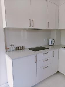 cocina blanca con armarios blancos y encimera en Valley Apartamentos T1, en Vila Nova de Foz Cõa