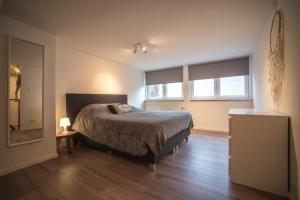 Un dormitorio con una cama y dos ventanas en Apartment Zandster, en Zandvoort