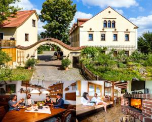 マイセンにあるLandhotel Gut Wildberg mit Saunaの建物の前のテーブルに座っている人々の写真のコラージュ