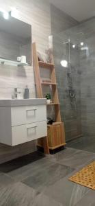 ein Badezimmer mit Waschbecken und Dusche in der Unterkunft Furmint Home in Szegi