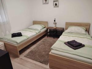 2 Einzelbetten in einem Zimmer mit einem Tisch in der Unterkunft Furmint Home in Szegi + 43 Fotos