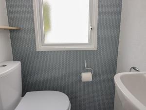 a bathroom with a toilet and a window and a sink at Oak in Denny