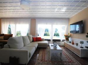 San Pedro de VilamajorにあるTorre Vendrell con Padelの白いソファとテレビのあるリビングルーム