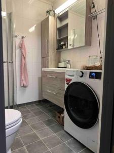 a bathroom with a washing machine in a bathroom at Delikat og moderne rekkehus in Lillehammer
