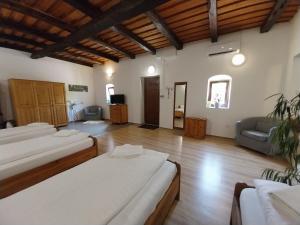 a large room with two beds and a couch at Dráva Fishing Apartman in Drávakeresztúr +1 photo