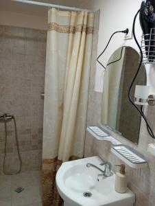 a bathroom with a sink and a shower curtain at Casa Hermina in Sovata +16 photos