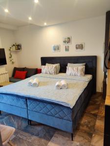 ノヴィサドにあるKala Apartmentのベッドルーム1室(大型ブルーベッド1台、タオル2枚付)