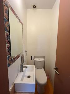 a bathroom with a white toilet and a sink at Hotel Nativo in Santiago