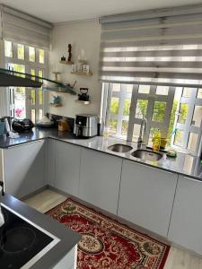a kitchen with white cabinets and a red rug at Les Dauphins Lataniers in La Gaulette