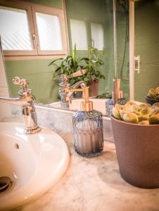 a bathroom counter with a sink and a bowl of fruit at Grand appartement au calme in Lérouville