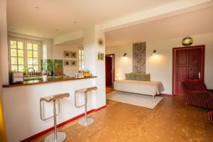 a living room with a bed and a kitchen at Le levant de Cremens in Magnan