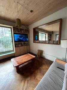 a living room with a table and a tv at Hotel Nativo in Santiago