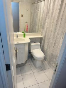 a bathroom with a toilet and a sink and a mirror at Dept Hermosa Vista, Las Condes in Santiago