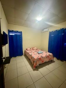 um quarto com uma cama num quarto com cortinas azuis em Casa Doleguita em David