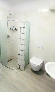 un bagno con doccia, WC e lavandino di King Princ a Shëngjin Altre 18 foto
