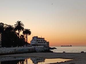 a beach with a building and palm trees and the ocean at Hostel Agua Santa Habitaciones Vista al Mar in Viña del Mar