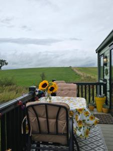 吉斯本Caravan E6, The Miron的阳台上的桌子上摆放着向日葵花瓶