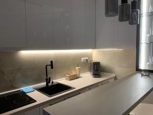 a kitchen with a sink and a counter top at Urban Apartman-privatan parking- in Kraljevo