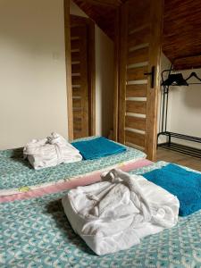 Postel nebo postele na pokoji v ubytování Sworna łąka z zewnętrznym SPA- sauna, jacuzzi, balia