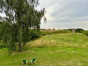 two chairs sitting in a field under a tree at Osada Rzym in Gniew