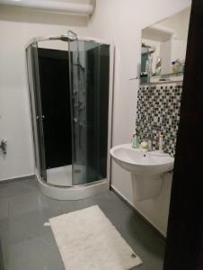 a bathroom with a shower and a sink at Luxusní byt v centru - Free Parking in Karlovy Vary