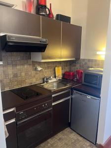 Virtuve vai virtuves zona naktsmītnē Suite avec balcon vue Tour Eiffel