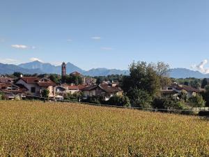 a field of grass with houses and mountains in the background at B&B Il Melograno in Lomazzo