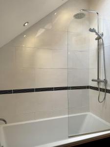 a shower with a glass door in a bathroom at Molly's Lodge - Cotswolds Lakeside Lodge in Gloucestershire +10 photos