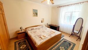 ein Schlafzimmer mit einem Bett und einem großen Fenster in der Unterkunft Moj Mir in Betina