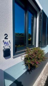 莫尼兹港Anastacio Tiny House的建筑物一侧有植物的窗户