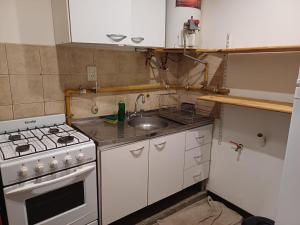 a small kitchen with a stove and a sink at Cabaña entera in Río Grande